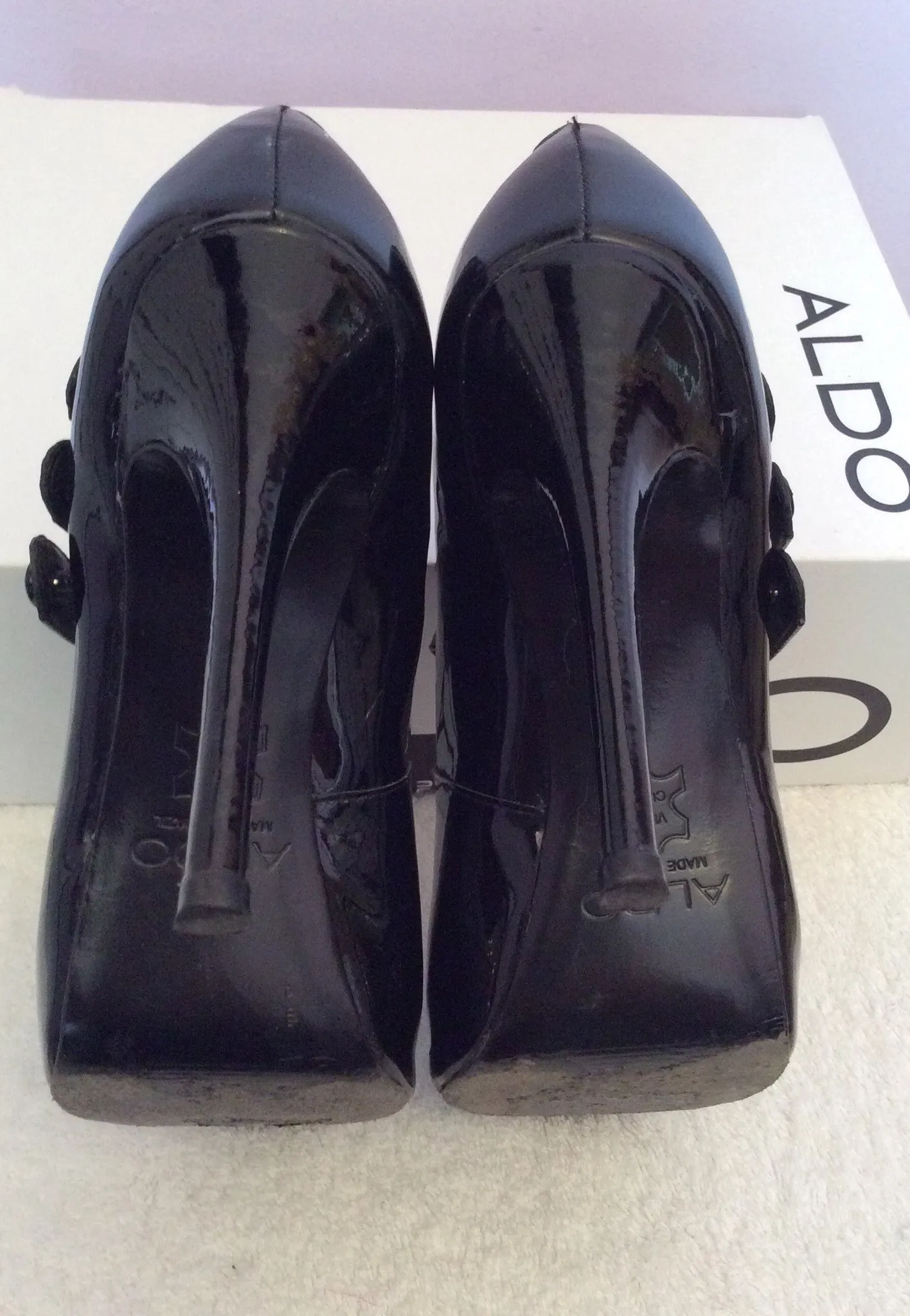 Aldo Black Patent Leather Peeptoe Mary Jane Heels Size 5/38