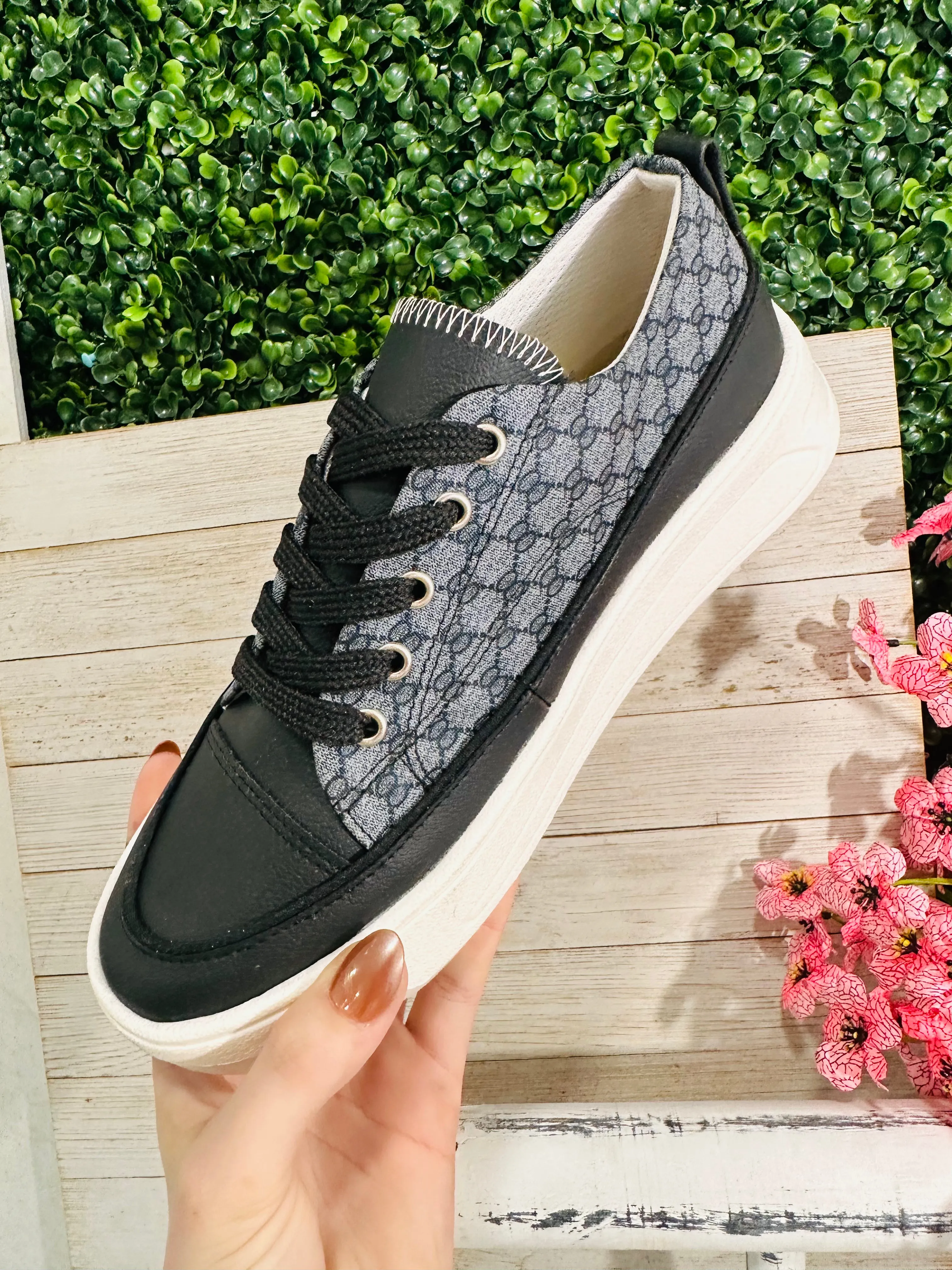 Ash/Black Designer Inspo Lace Up Tennis Shoe