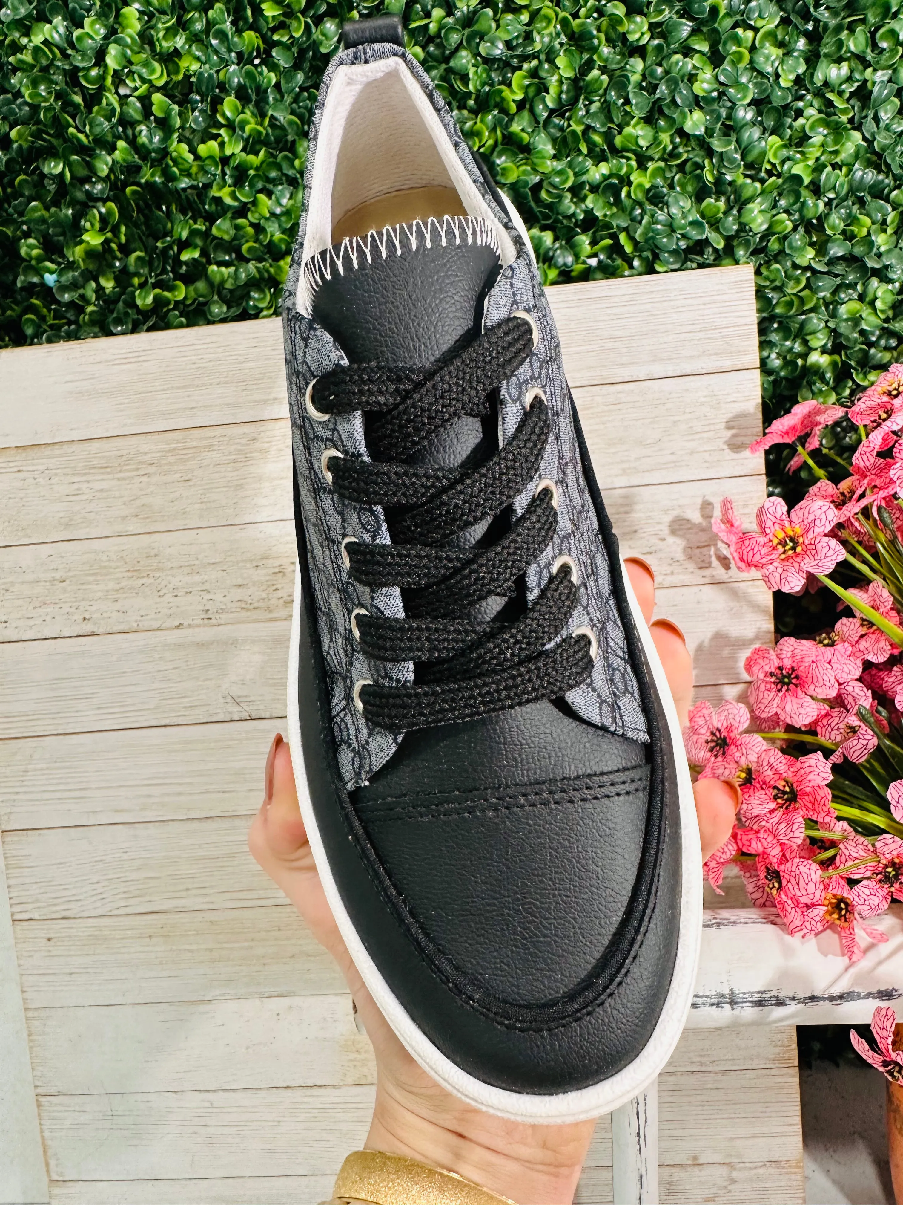 Ash/Black Designer Inspo Lace Up Tennis Shoe