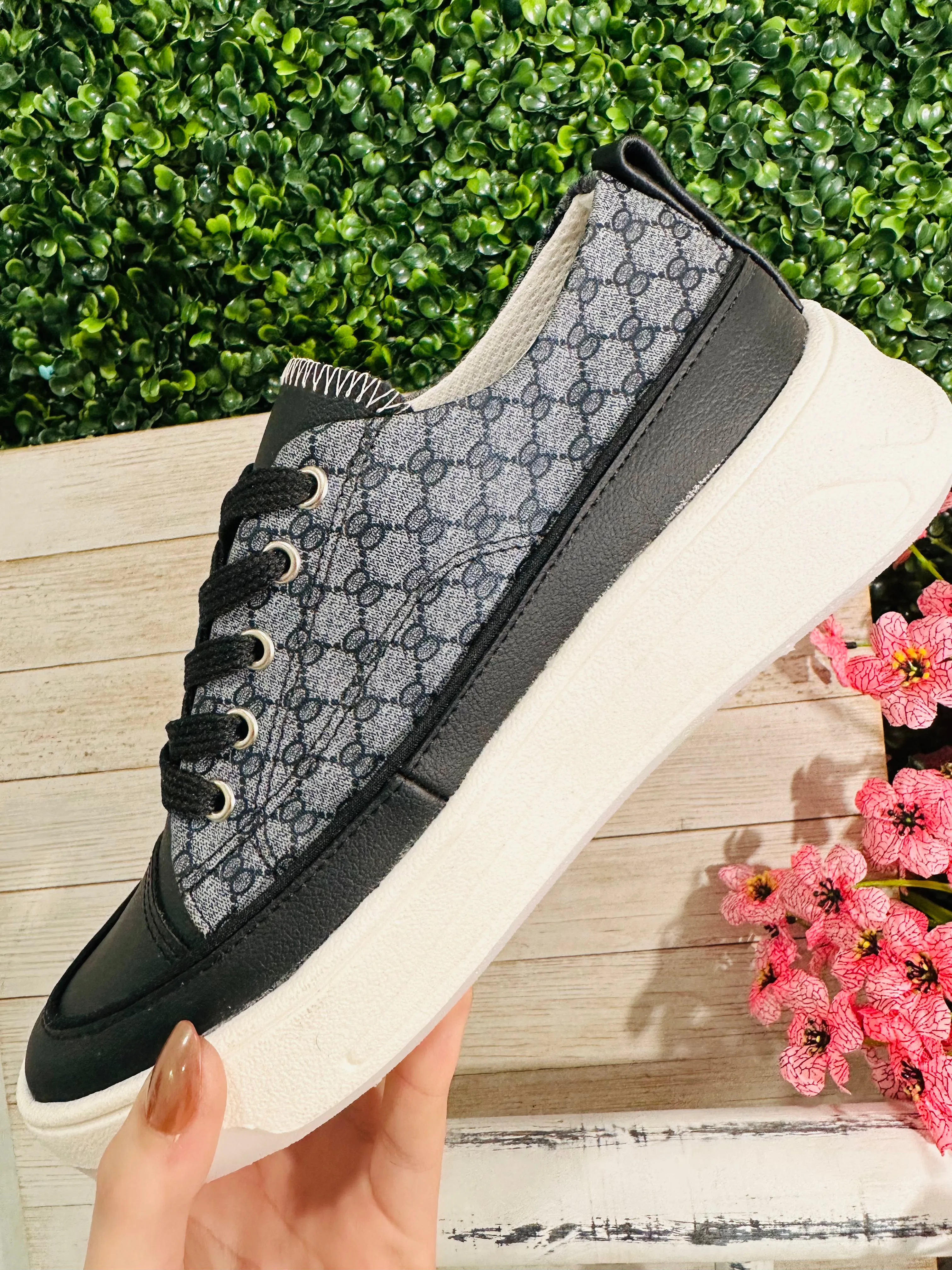 Ash/Black Designer Inspo Lace Up Tennis Shoe