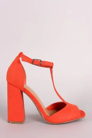 Bamboo Suede Peep Toe T-Strap Chunky Heel
