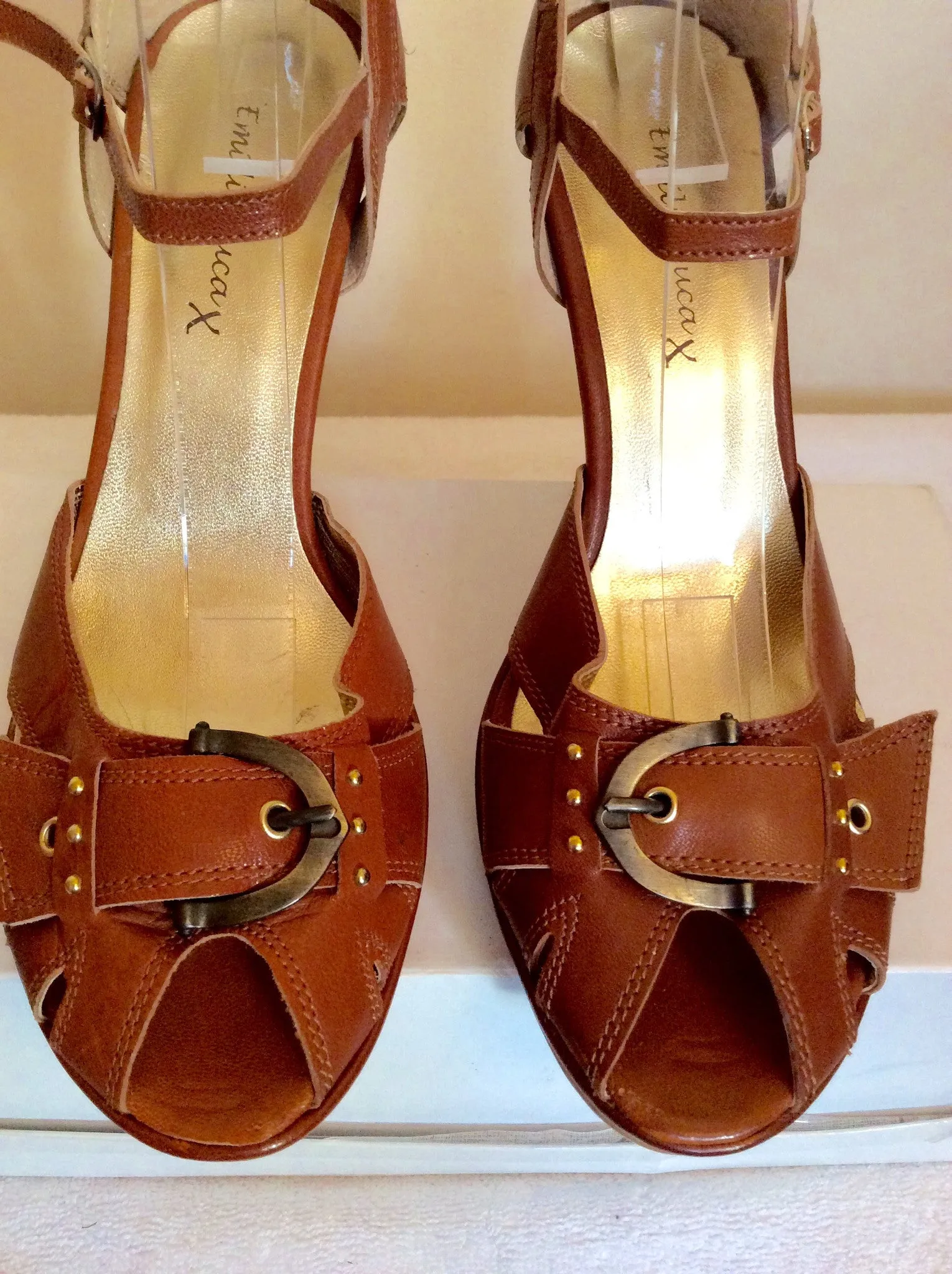 Brand New Emilio Lucax Tan Brown Leather Peeptoe Sandals Size 7/40