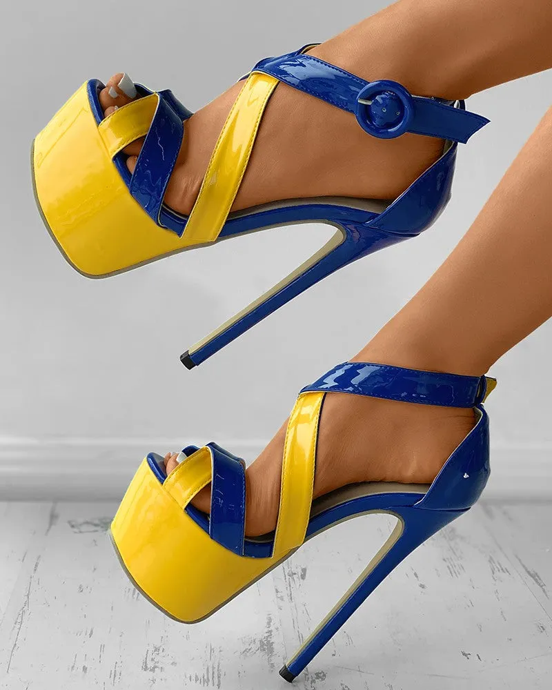 Buckled Colorblock Bandage Cutout Stiletto Heels