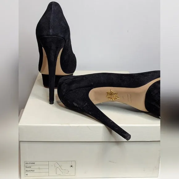 Charlotte Olympia Black Suede Delphine Heart Platform Pumps Heels