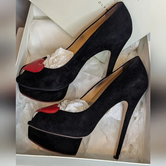 Charlotte Olympia Black Suede Delphine Heart Platform Pumps Heels
