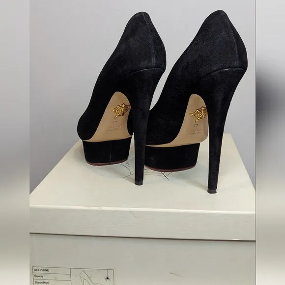Charlotte Olympia Black Suede Delphine Heart Platform Pumps Heels