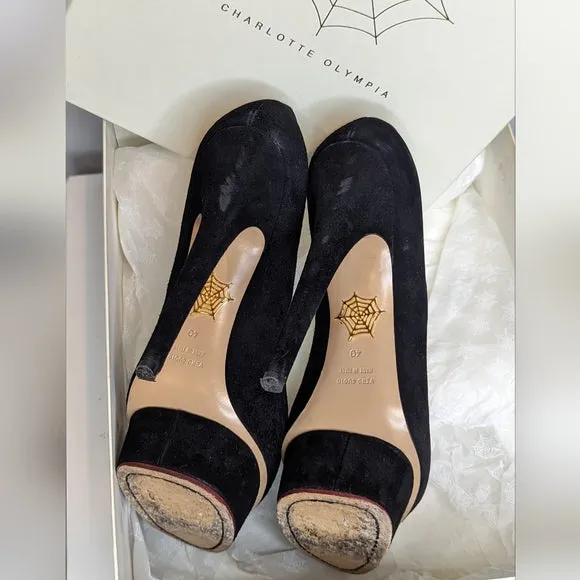Charlotte Olympia Black Suede Delphine Heart Platform Pumps Heels