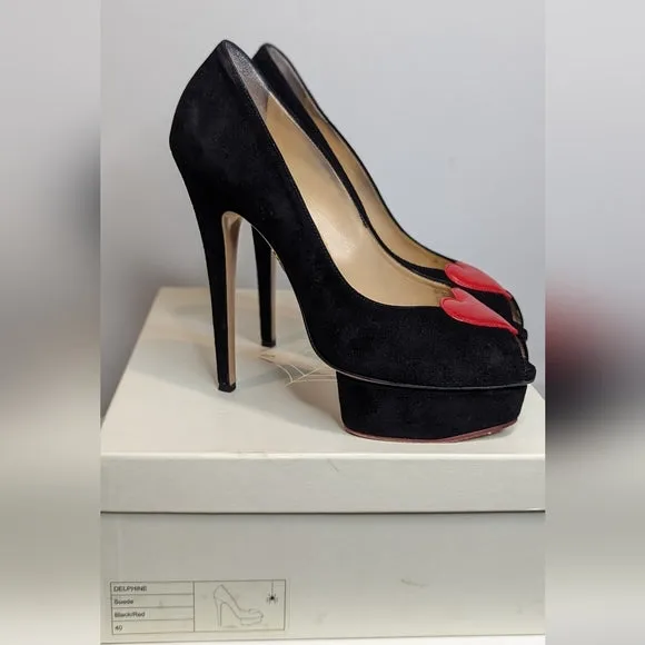 Charlotte Olympia Black Suede Delphine Heart Platform Pumps Heels