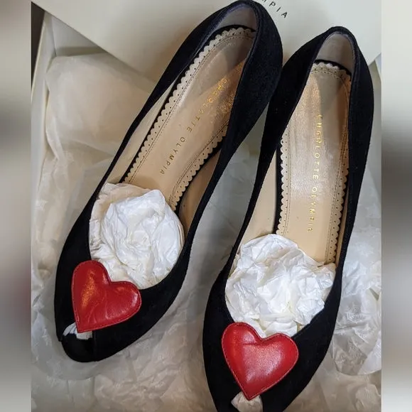 Charlotte Olympia Black Suede Delphine Heart Platform Pumps Heels