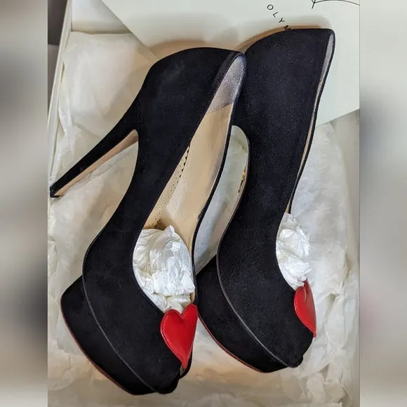 Charlotte Olympia Black Suede Delphine Heart Platform Pumps Heels