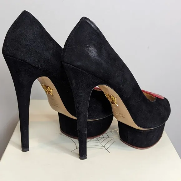 Charlotte Olympia Black Suede Delphine Heart Platform Pumps Heels