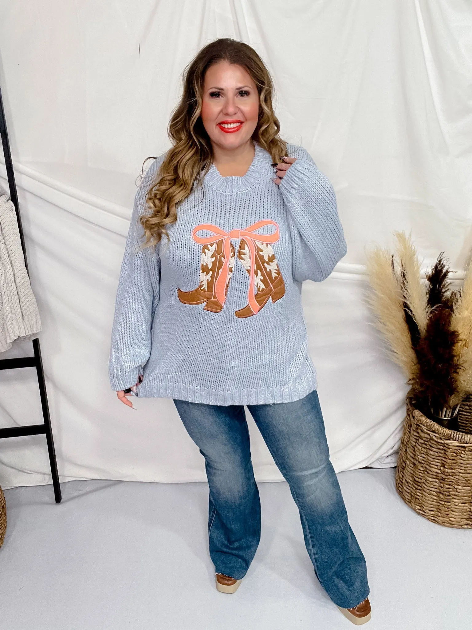 Cowboy Boots With Ribbon Knit Sweater