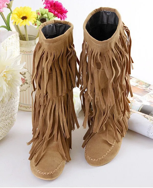 Faux Suede Fringe Tassel Mid-Calf Knight Boots – Casual Flat Heel, Bohemian Cowboy Dress Booties for Women