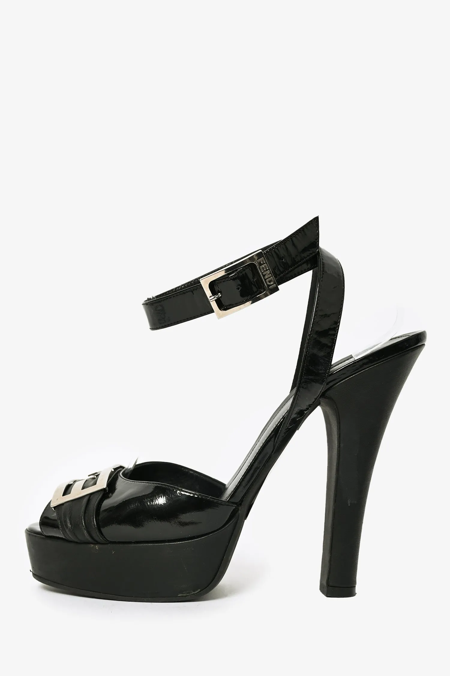 Fendi Black Patent Leather 'FF' Buckle Platform Heels Size 40