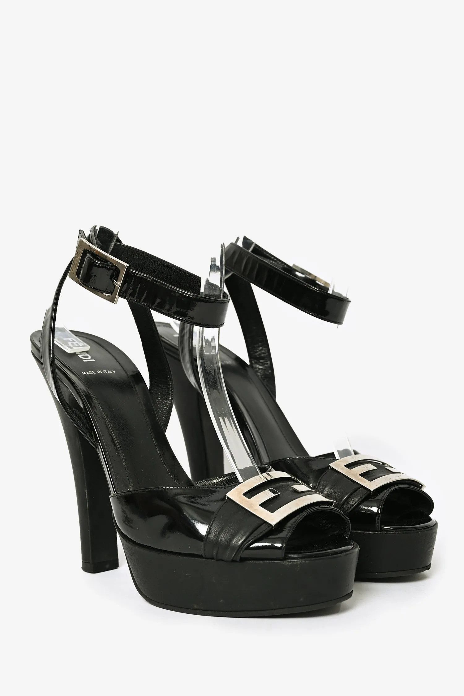 Fendi Black Patent Leather 'FF' Buckle Platform Heels Size 40