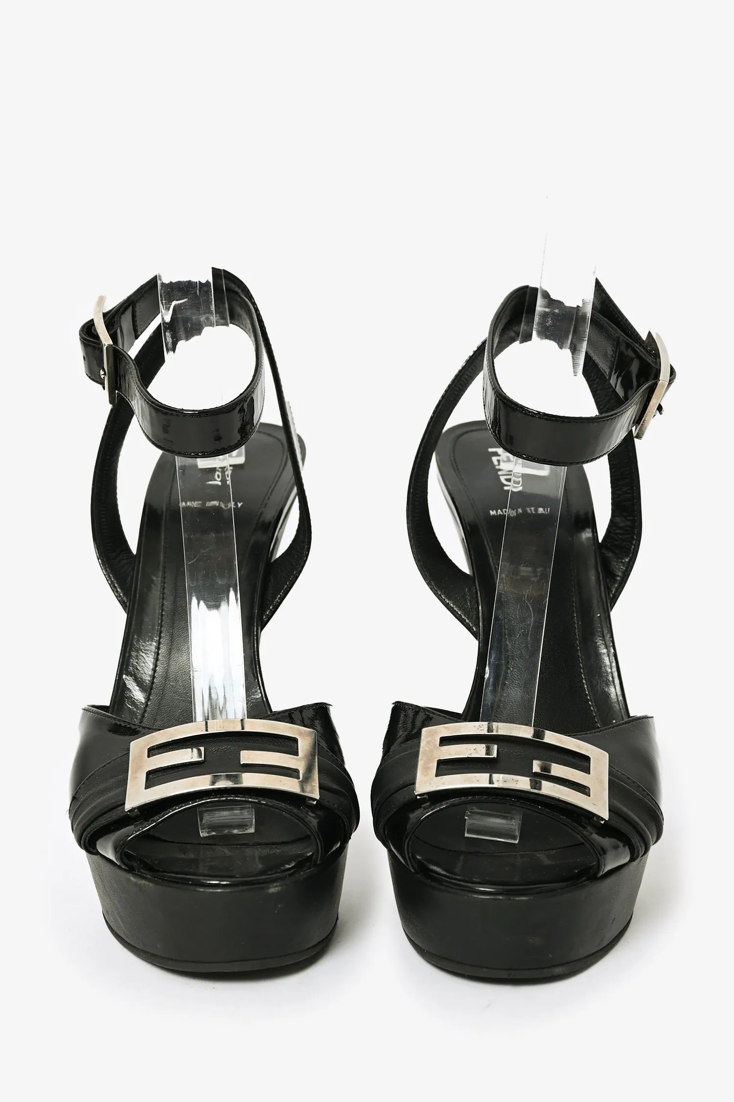 Fendi Black Patent Leather 'FF' Buckle Platform Heels Size 40