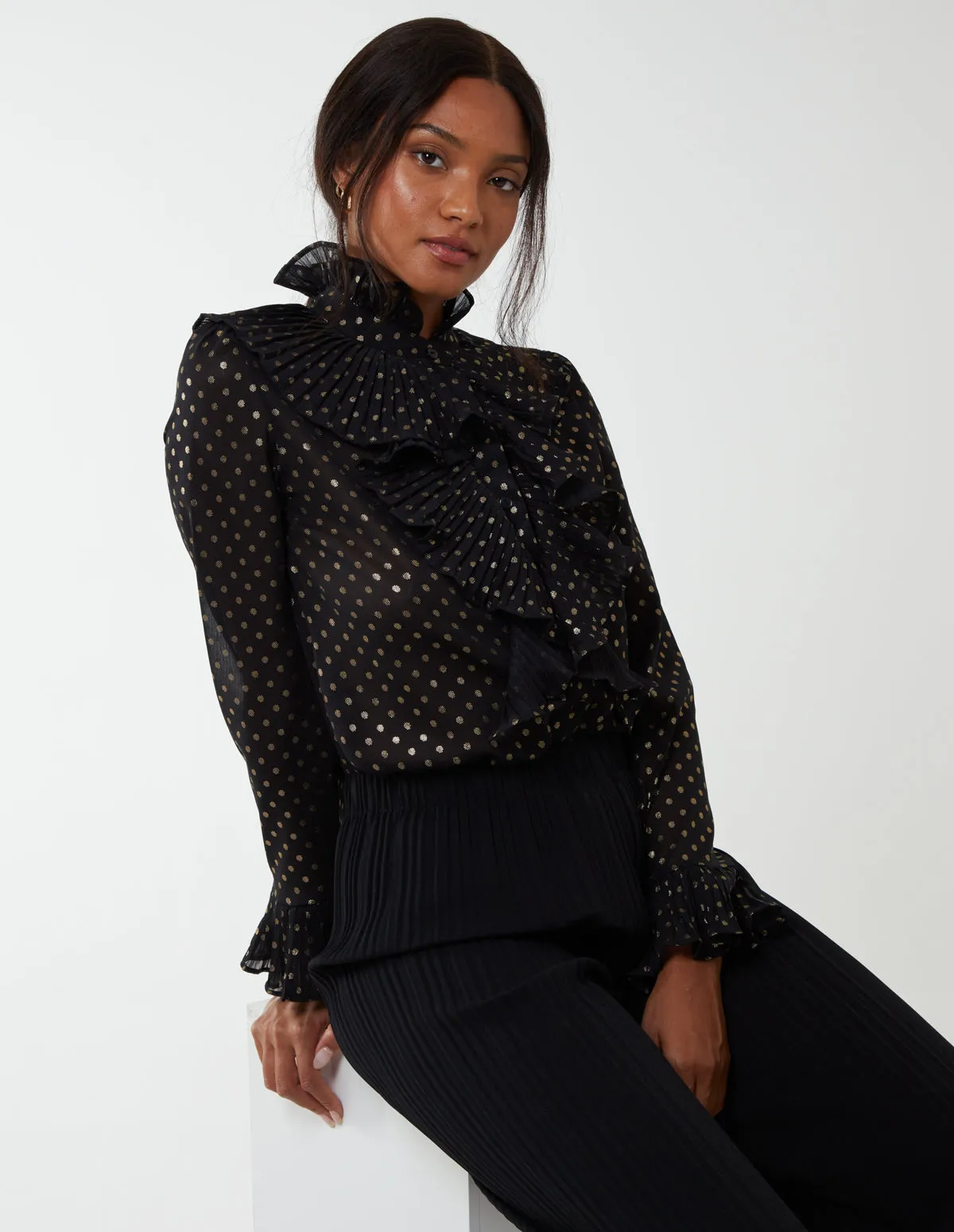 Gold Dots Pleated Frill Shirt