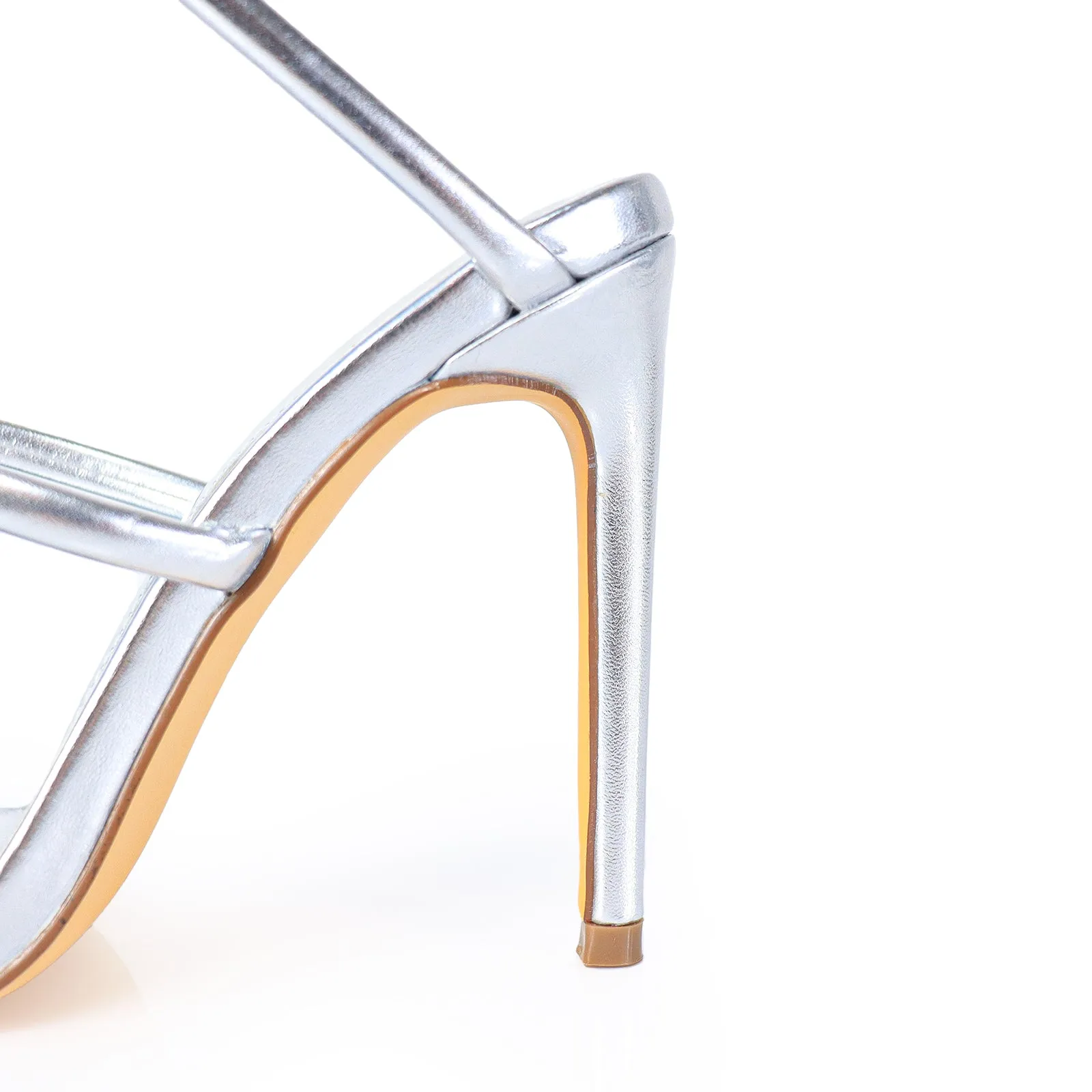 LAURENT-70 TUBULAR SPIRAL STRAP ON POINTED HEEL - SILVER
