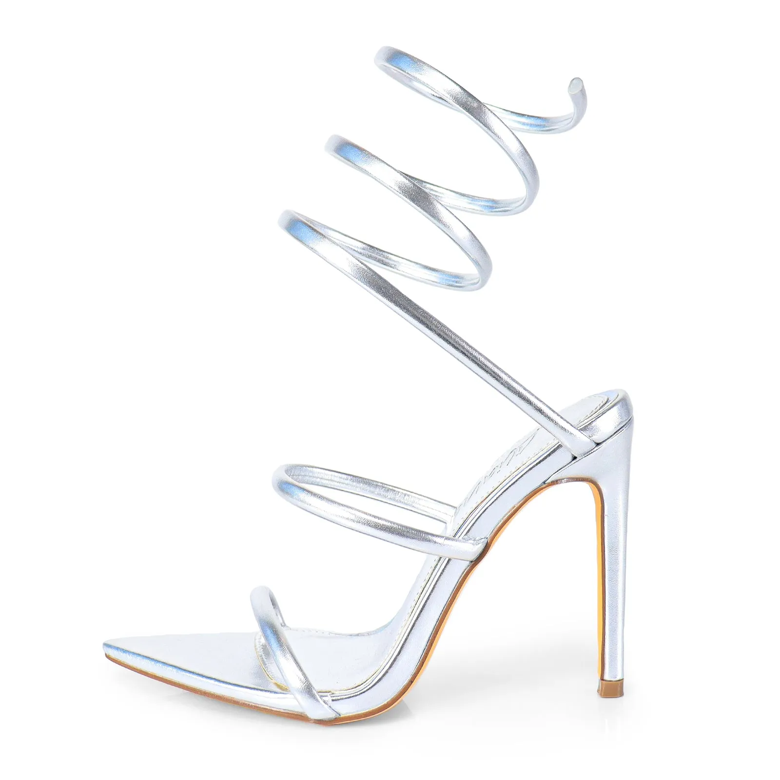 LAURENT-70 TUBULAR SPIRAL STRAP ON POINTED HEEL - SILVER