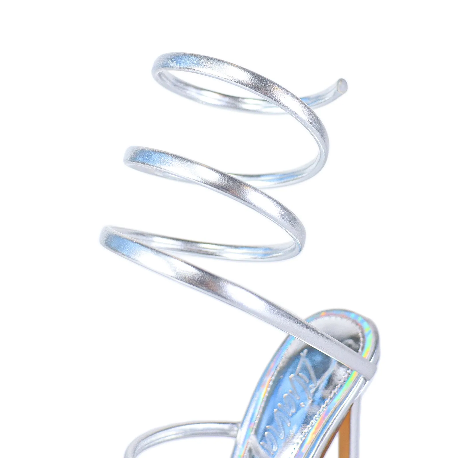 LAURENT-70 TUBULAR SPIRAL STRAP ON POINTED HEEL - SILVER