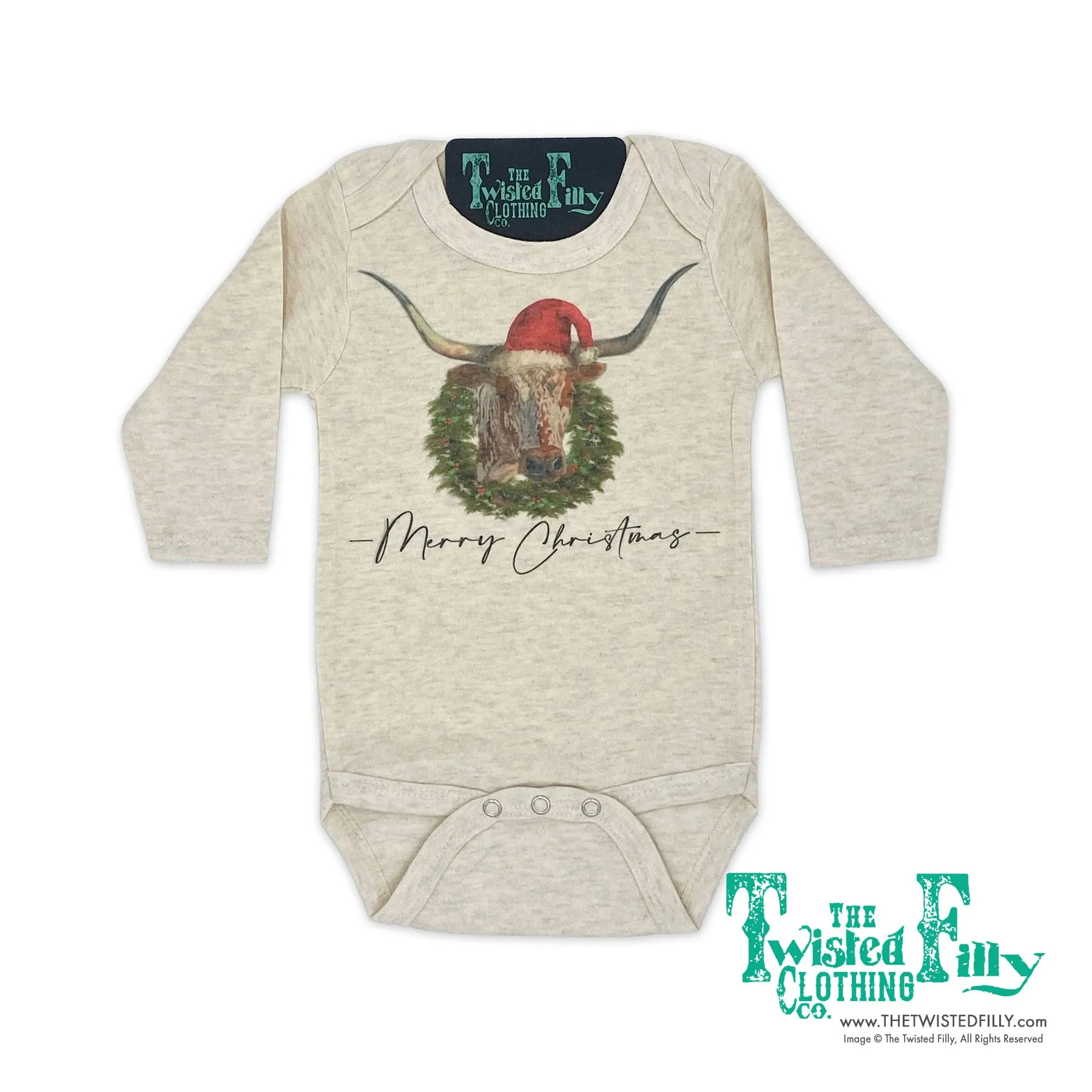 Merry Christmas Longhorn - L/S Infant One Piece - Oatmeal