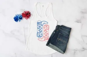 Red and Blue Cowboy Boots White Tank Top