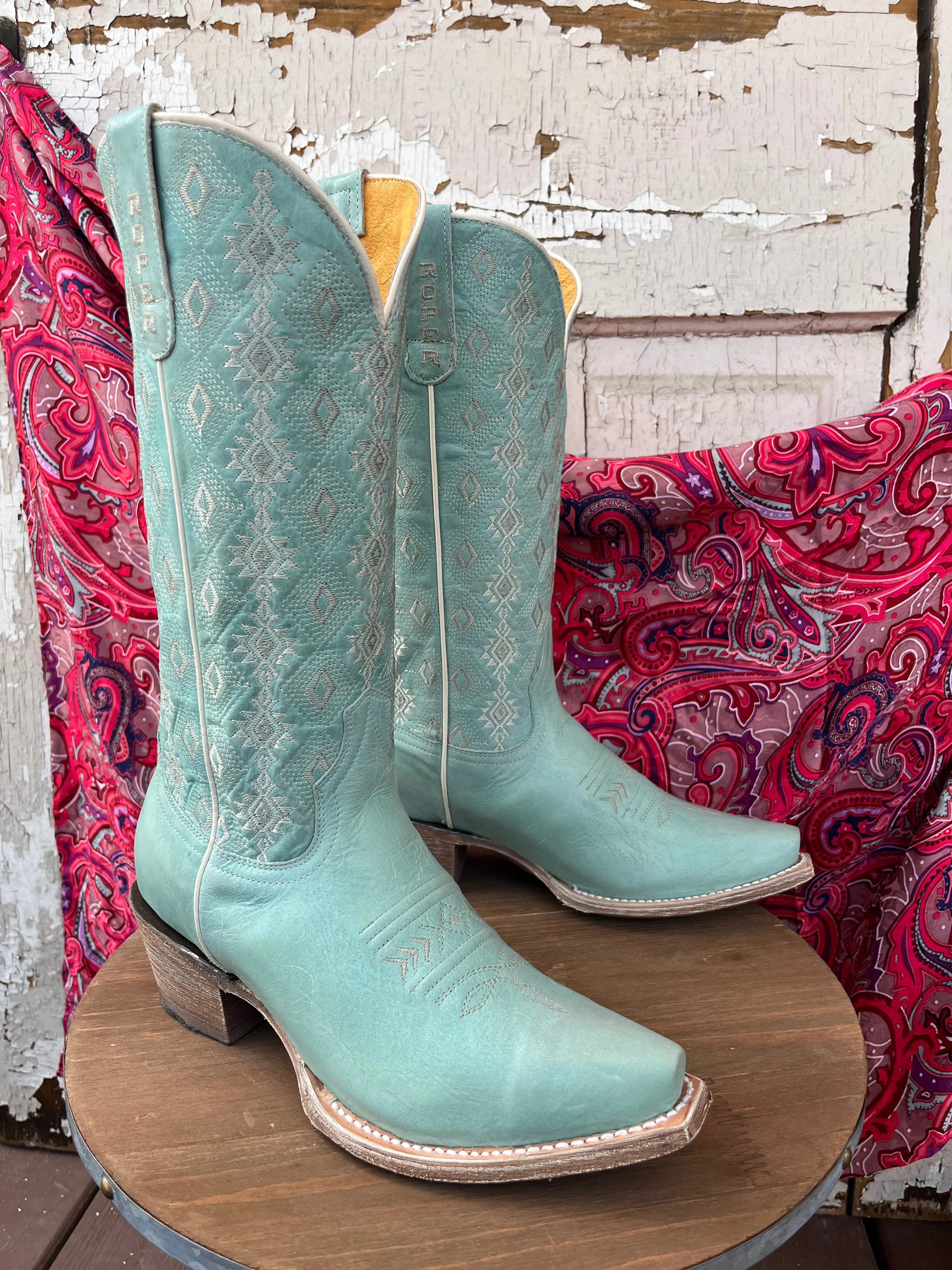 Roper Women's Anika Light Blue Turquoise Aztec Embroidered Snip Toe Cowgirl Boots 7619-8586