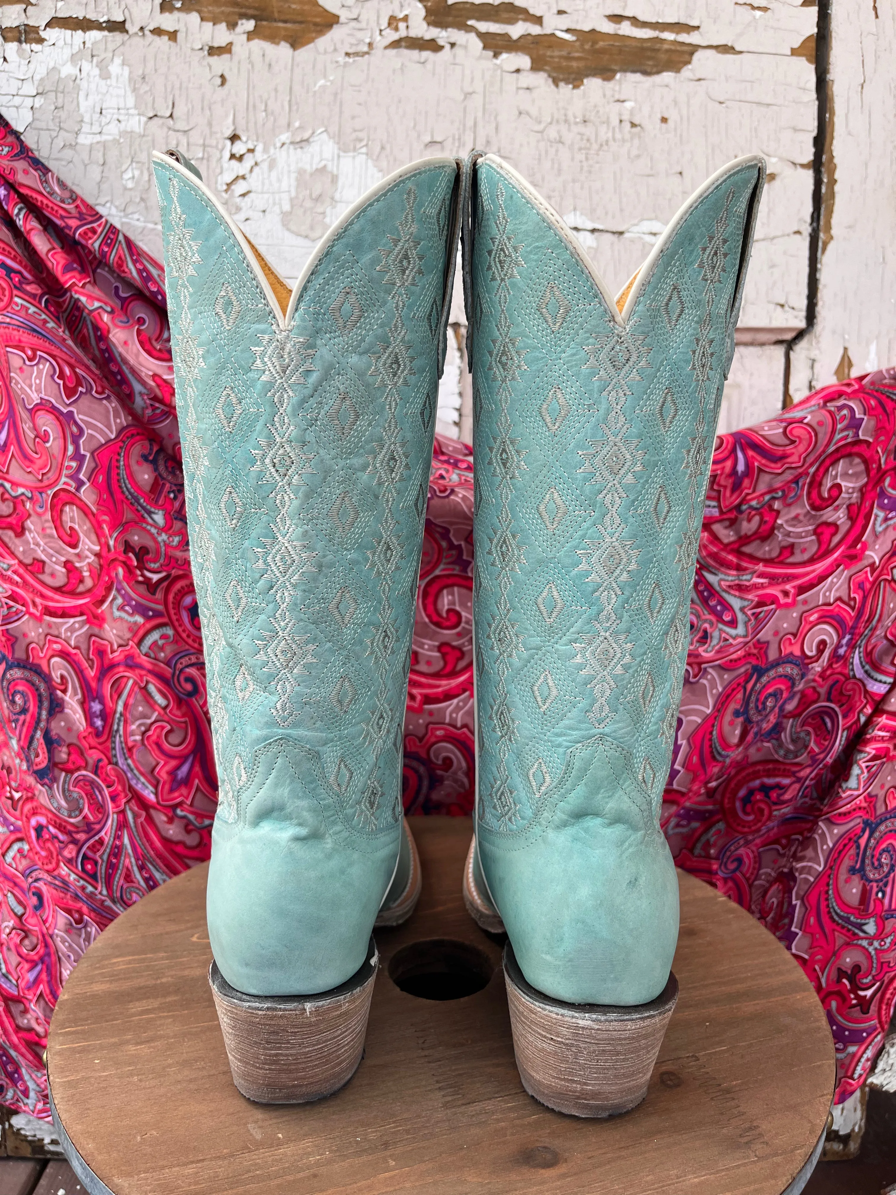Roper Women's Anika Light Blue Turquoise Aztec Embroidered Snip Toe Cowgirl Boots 7619-8586