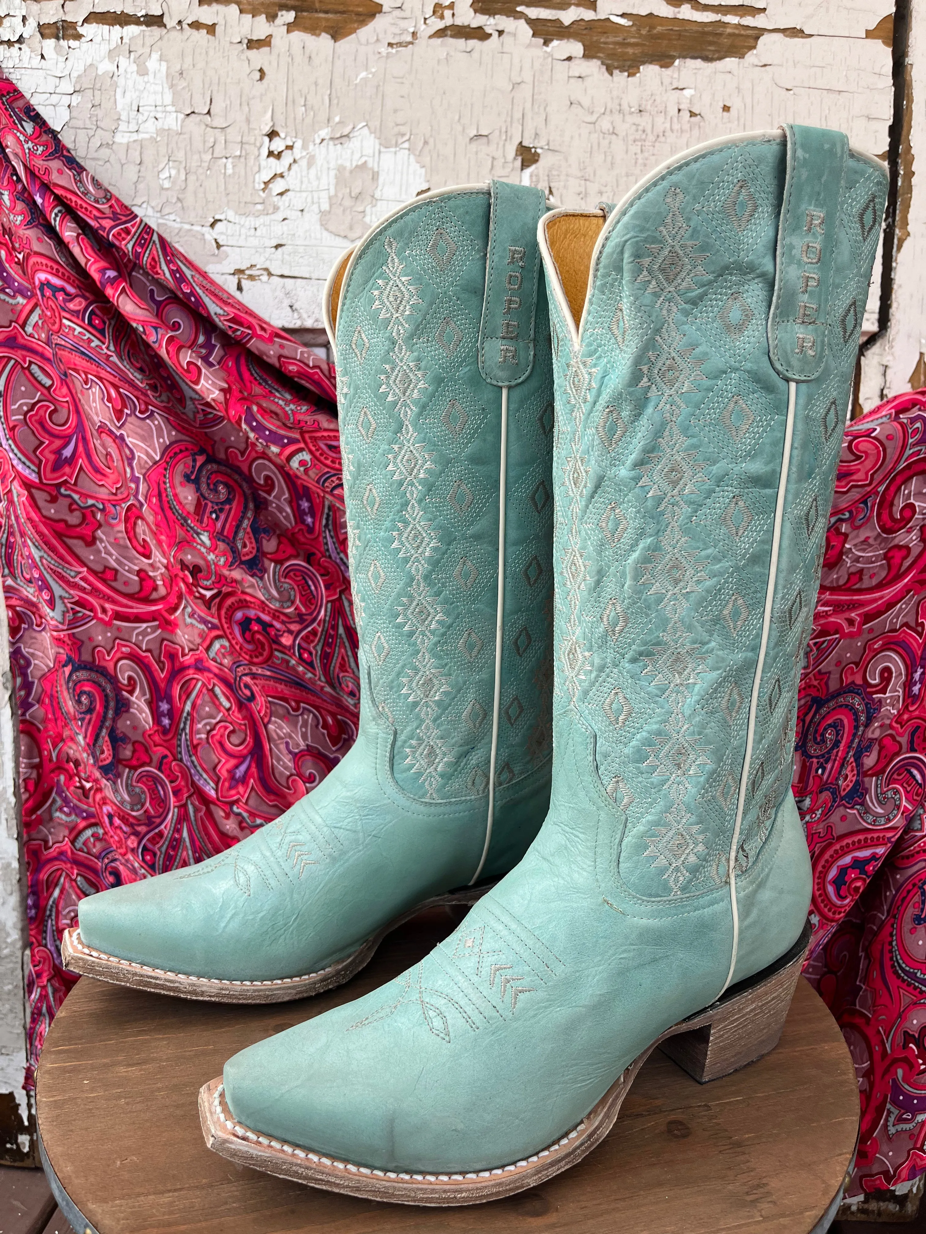 Roper Women's Anika Light Blue Turquoise Aztec Embroidered Snip Toe Cowgirl Boots 7619-8586
