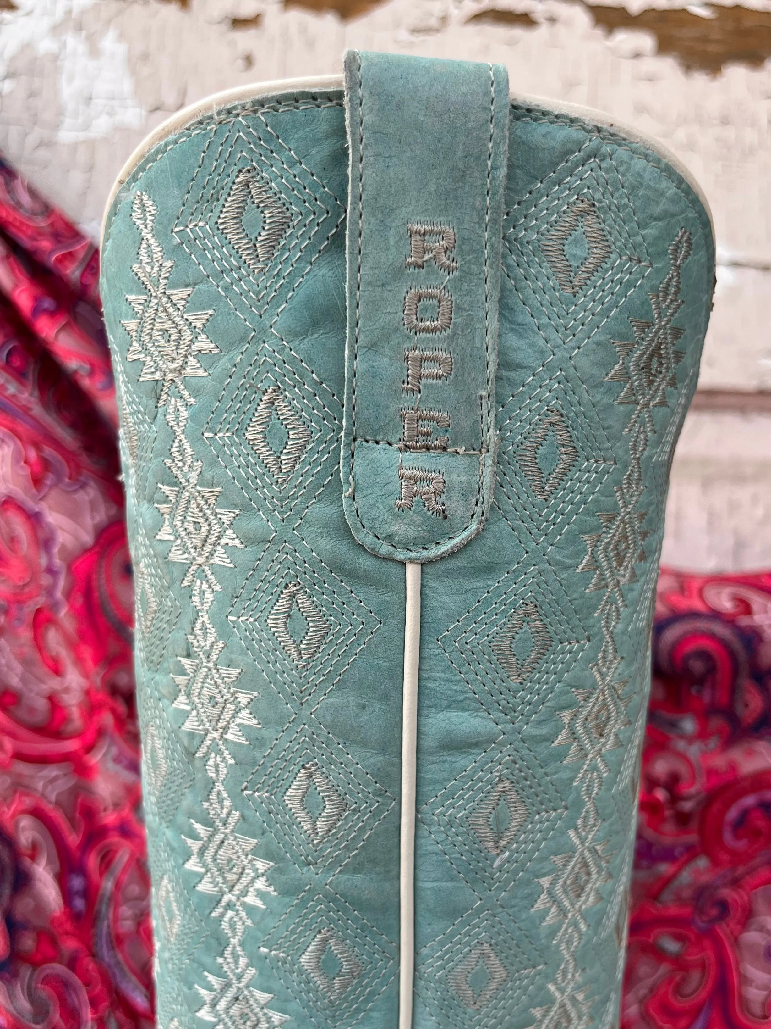 Roper Women's Anika Light Blue Turquoise Aztec Embroidered Snip Toe Cowgirl Boots 7619-8586