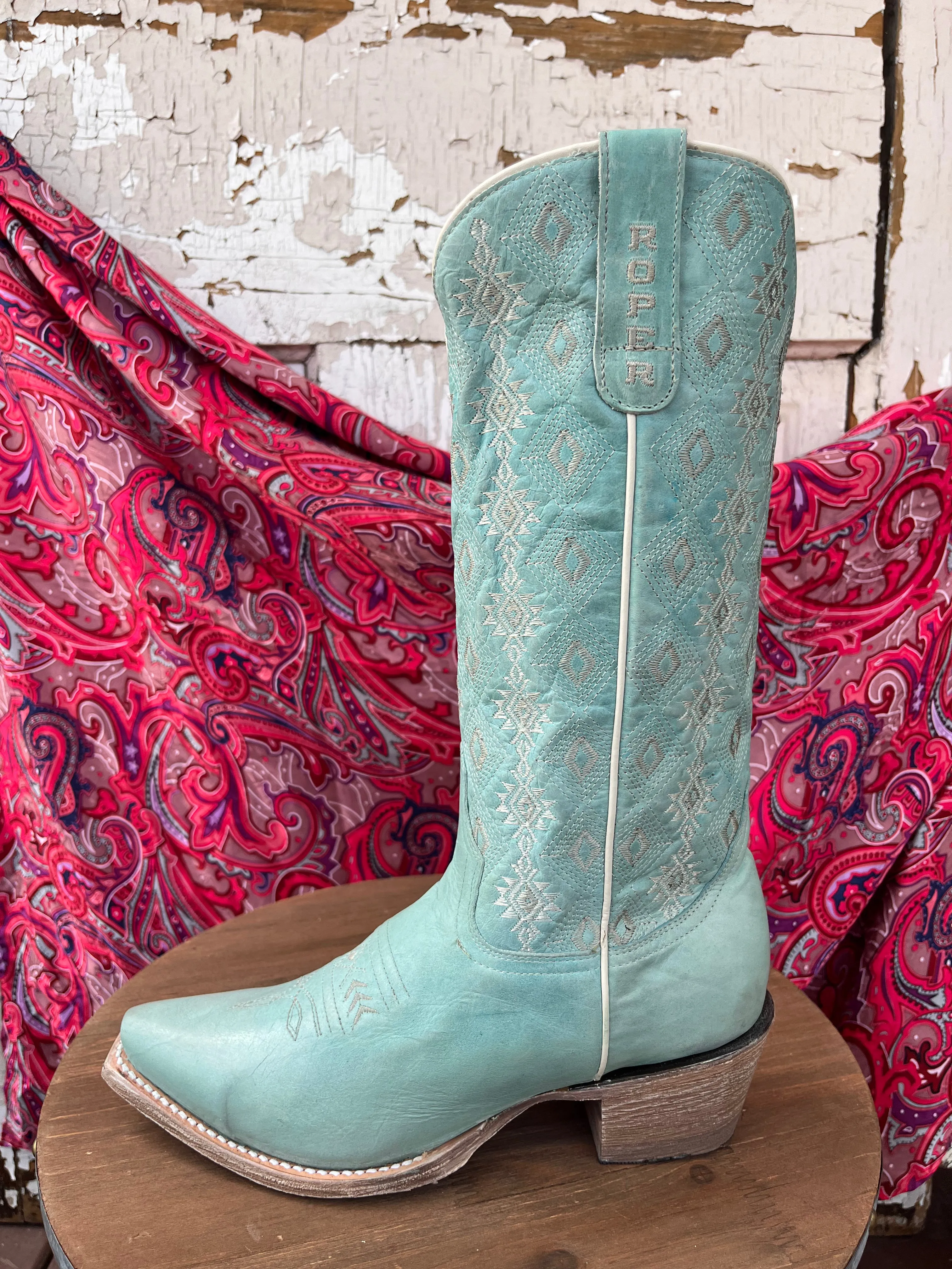 Roper Women's Anika Light Blue Turquoise Aztec Embroidered Snip Toe Cowgirl Boots 7619-8586