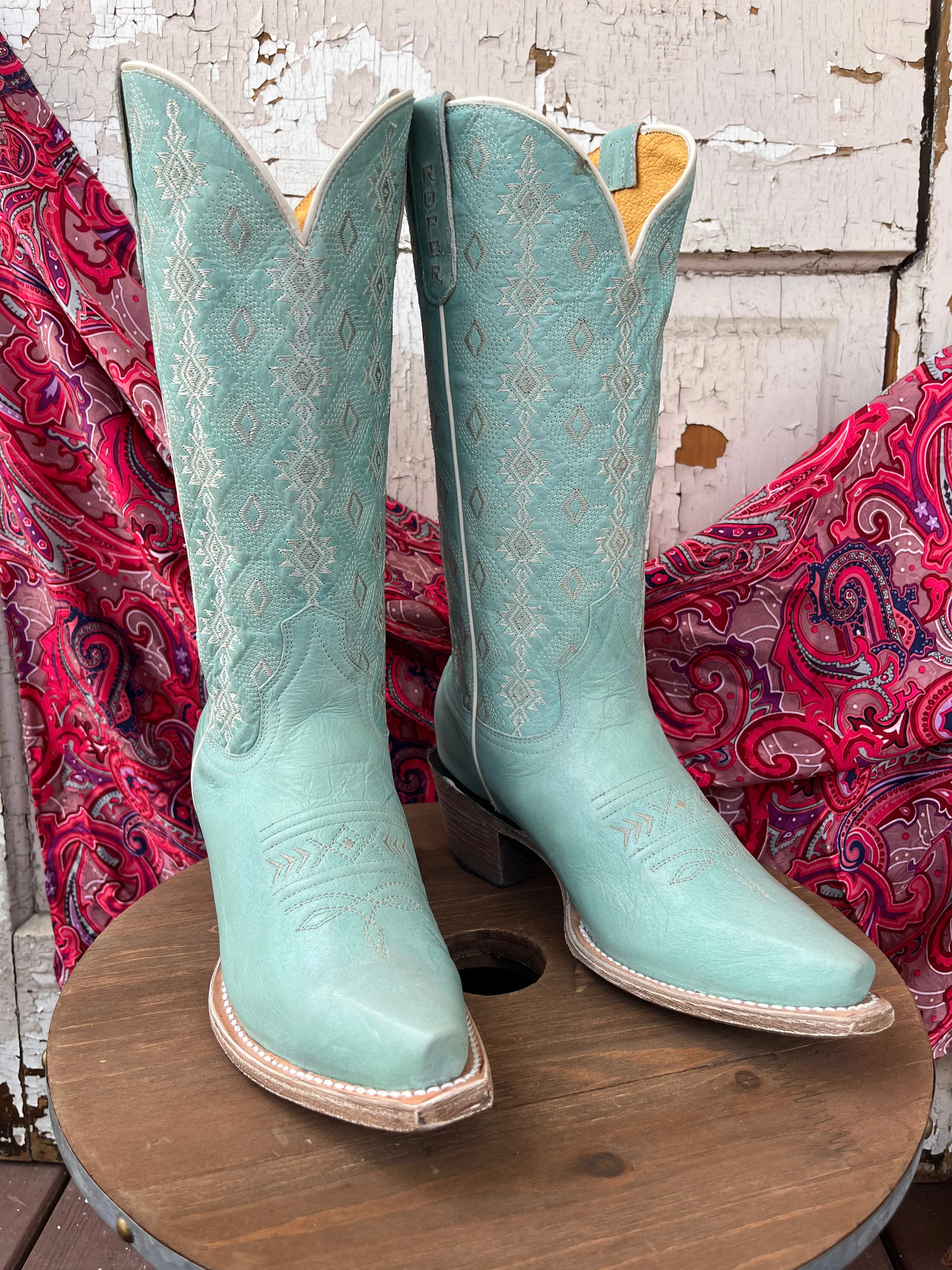 Roper Women's Anika Light Blue Turquoise Aztec Embroidered Snip Toe Cowgirl Boots 7619-8586