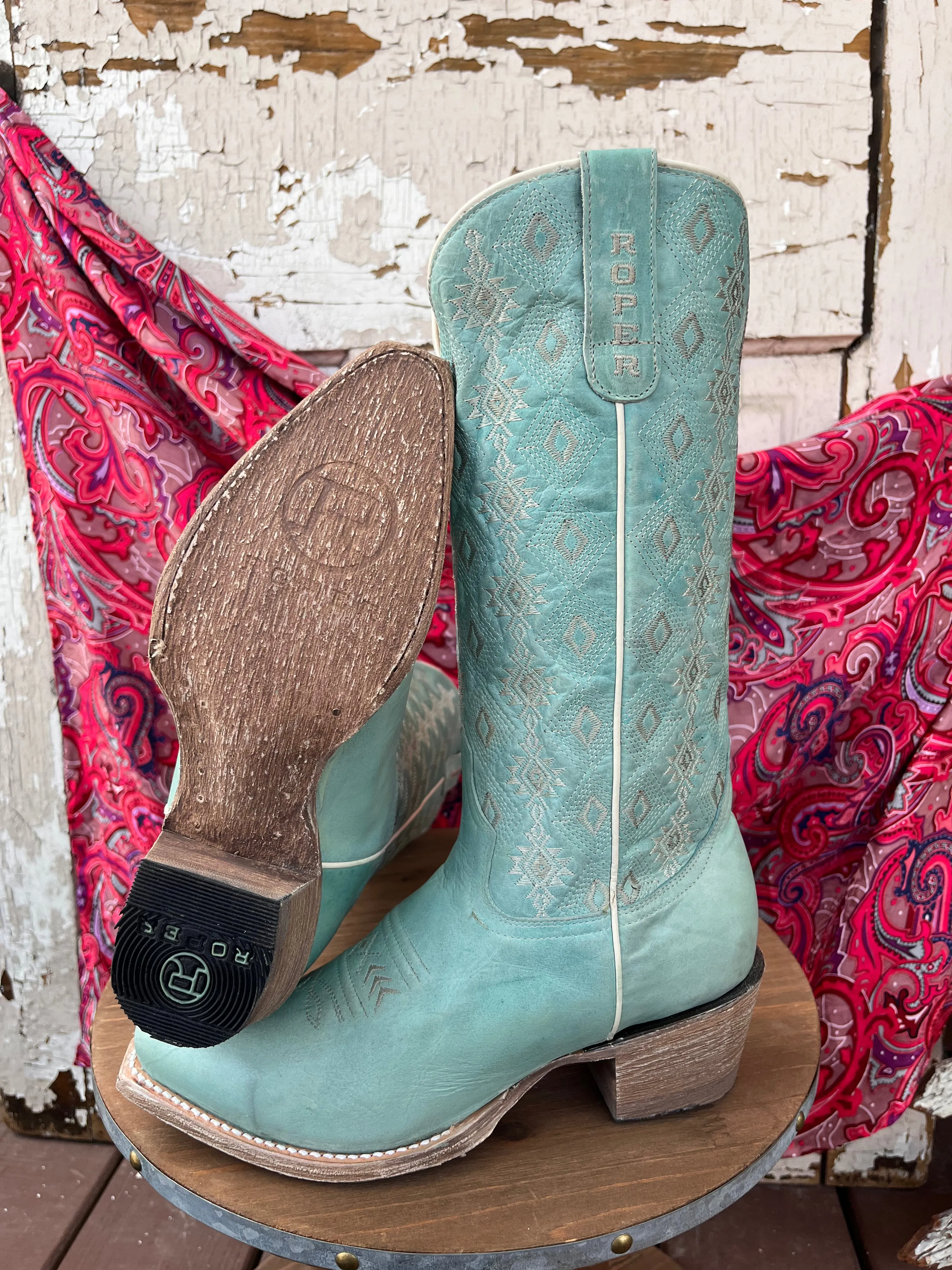 Roper Women's Anika Light Blue Turquoise Aztec Embroidered Snip Toe Cowgirl Boots 7619-8586