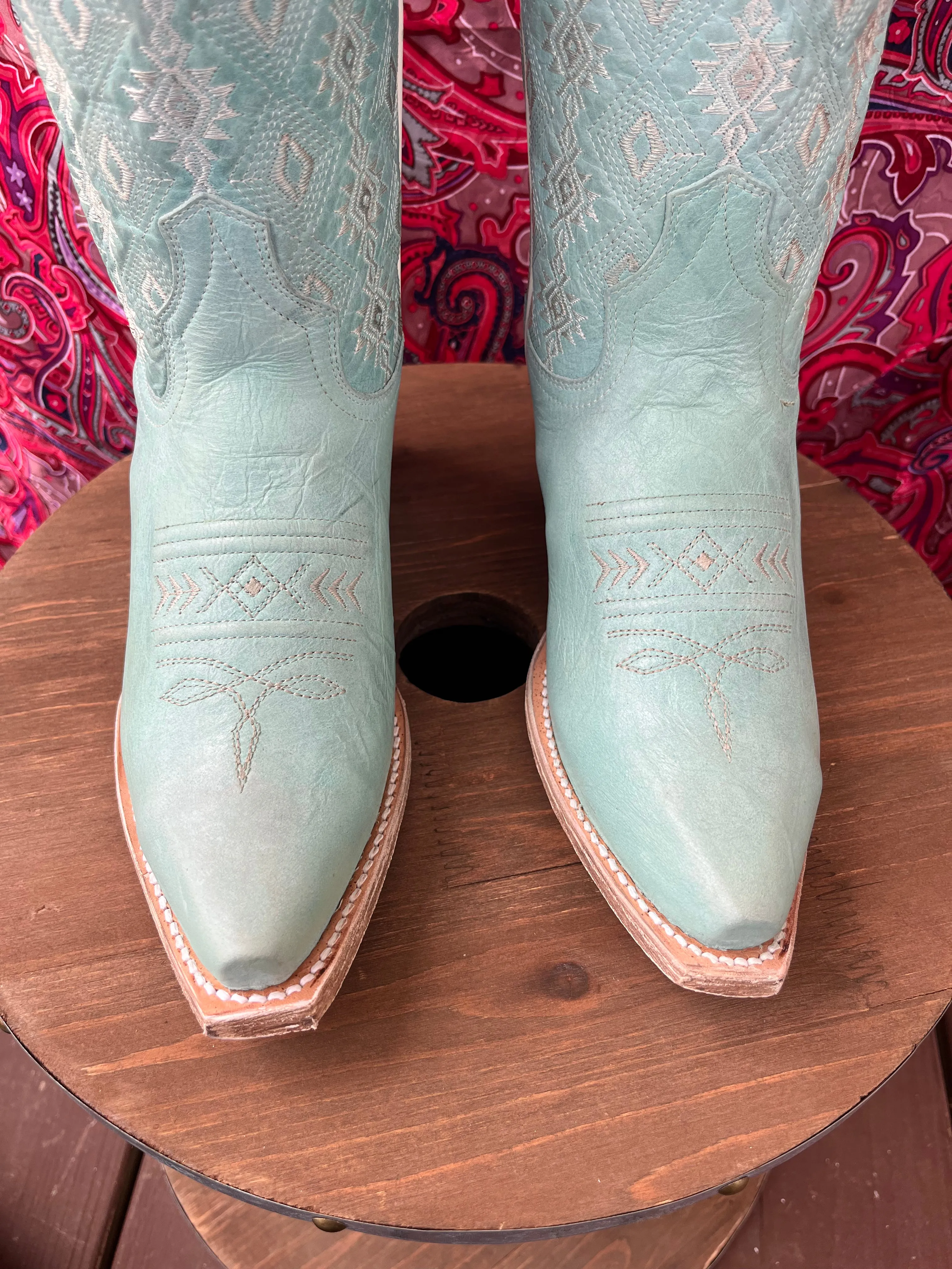 Roper Women's Anika Light Blue Turquoise Aztec Embroidered Snip Toe Cowgirl Boots 7619-8586