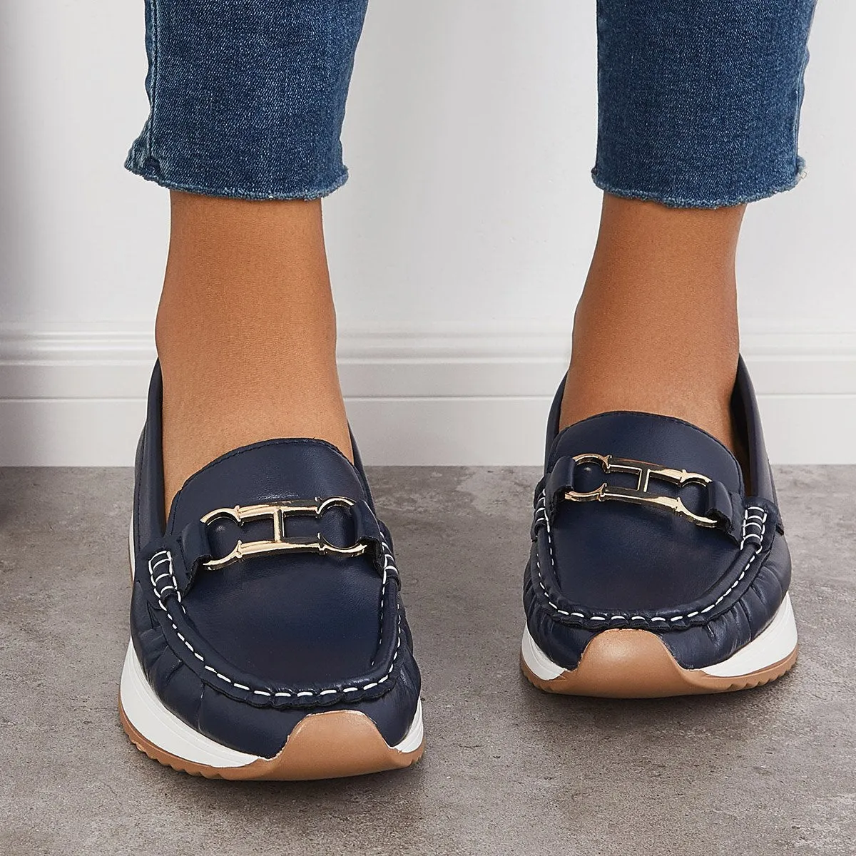 Sohiwoo Women Casual Platform Loafers Slip on Boots Flat Boat Shoes