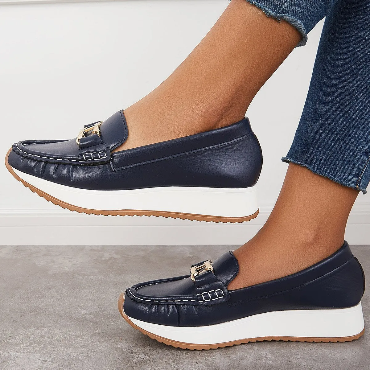 Sohiwoo Women Casual Platform Loafers Slip on Boots Flat Boat Shoes