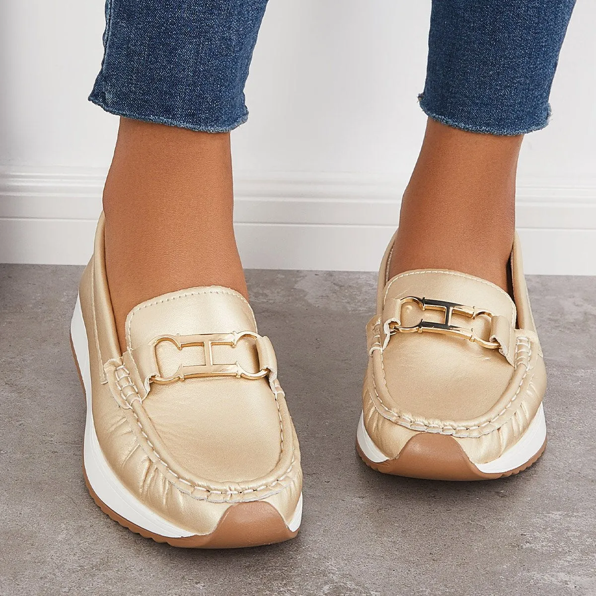 Sohiwoo Women Casual Platform Loafers Slip on Boots Flat Boat Shoes