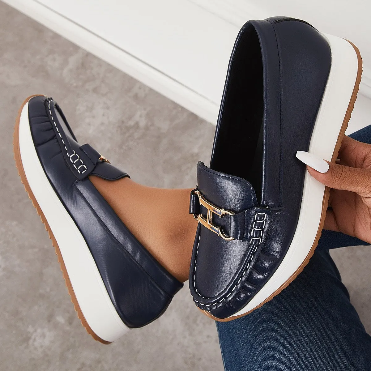 Sohiwoo Women Casual Platform Loafers Slip on Boots Flat Boat Shoes