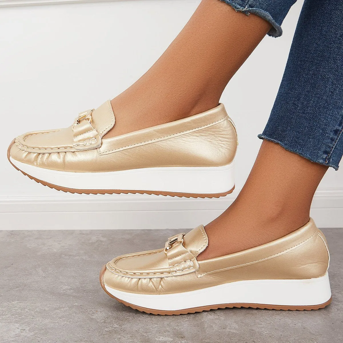 Sohiwoo Women Casual Platform Loafers Slip on Boots Flat Boat Shoes
