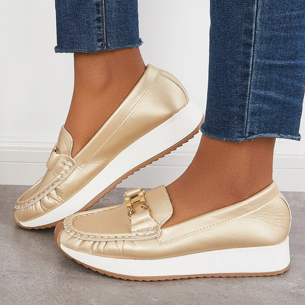 Sohiwoo Women Casual Platform Loafers Slip on Boots Flat Boat Shoes