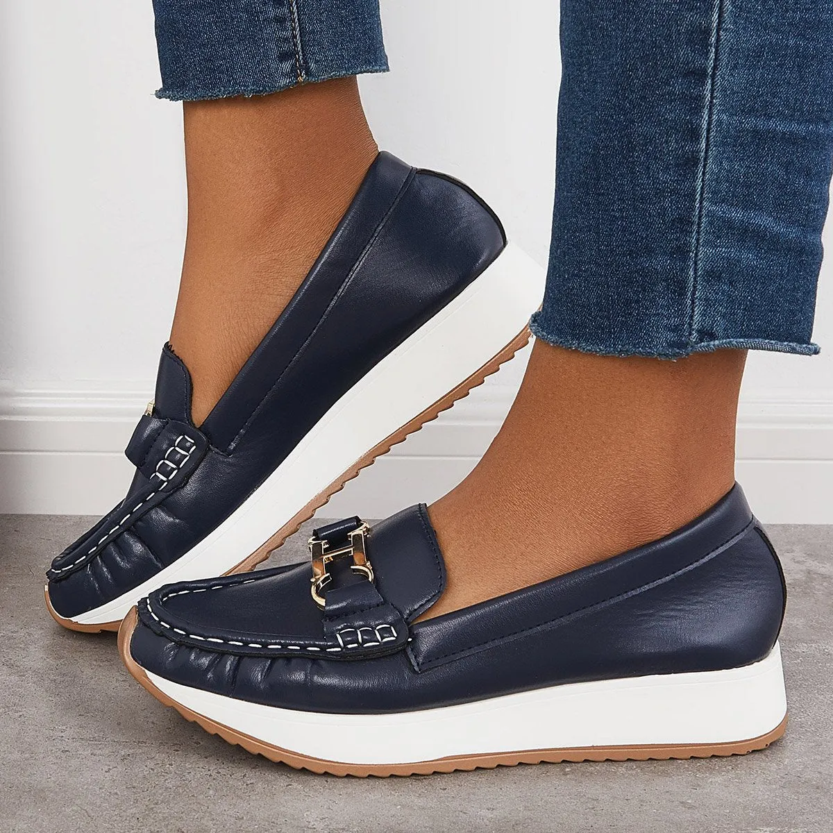 Sohiwoo Women Casual Platform Loafers Slip on Boots Flat Boat Shoes