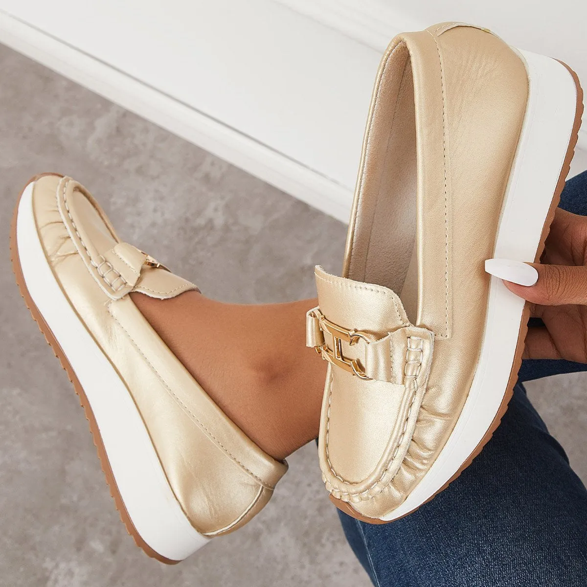 Sohiwoo Women Casual Platform Loafers Slip on Boots Flat Boat Shoes