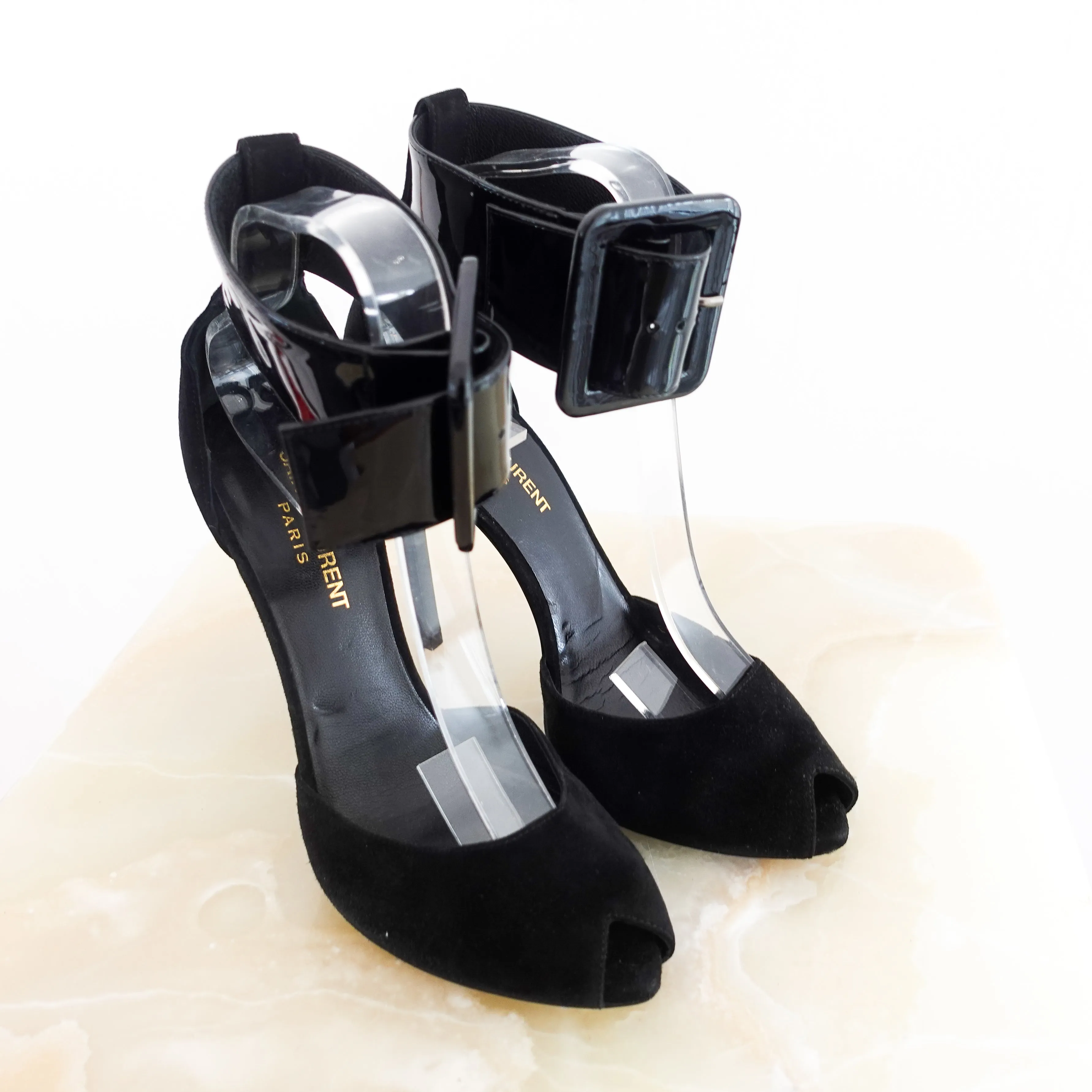 Suede heels with patent ankle straps