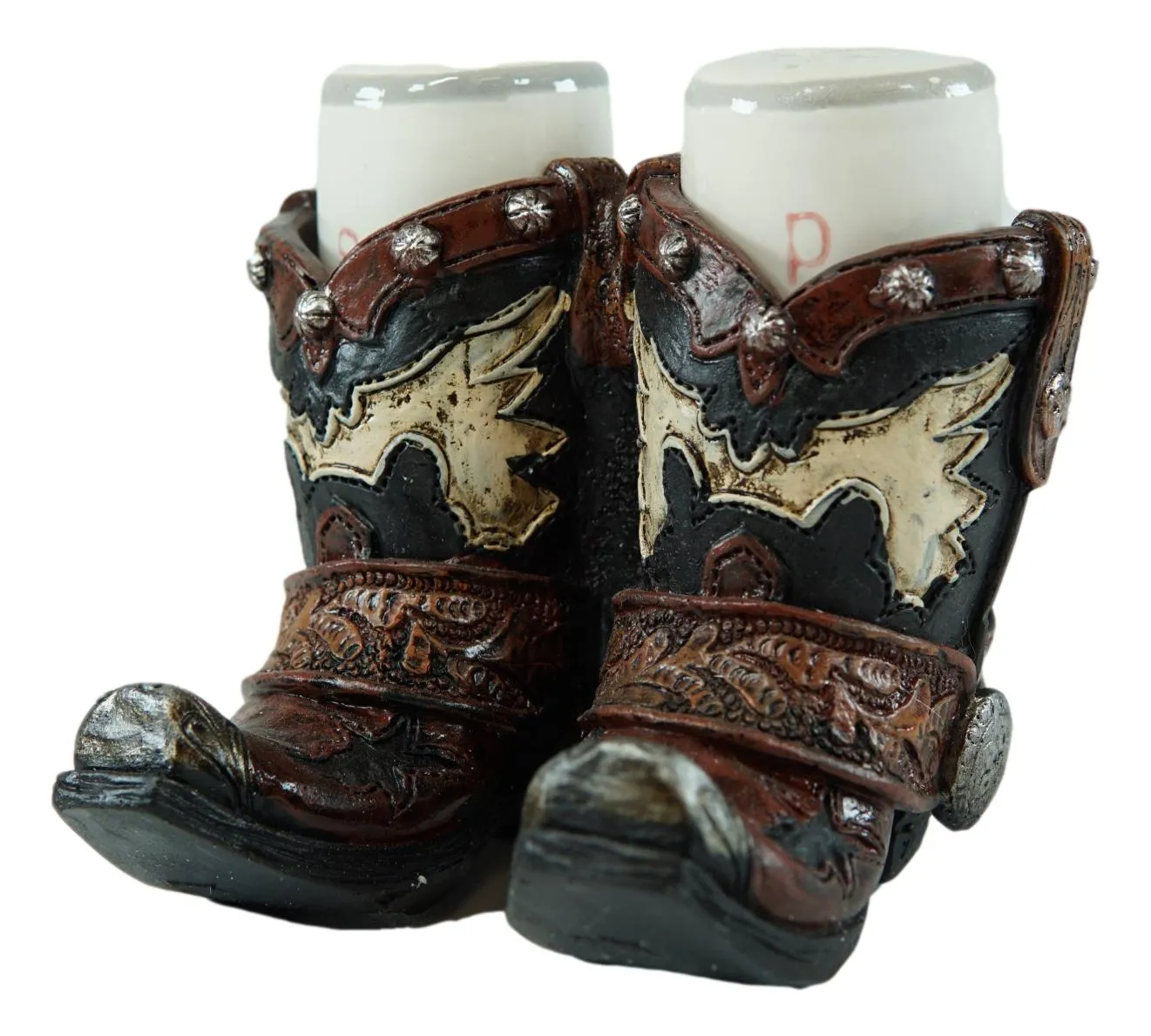Western Fancy Pair of Cowboy Boots With Spur Salt And Pepper Shakers Holder Set
