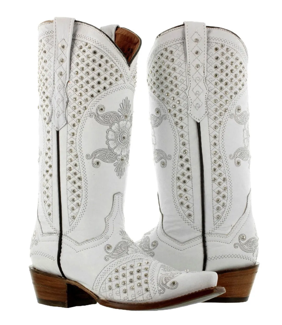 Womens Marfil White Wedding Cowboy Boots Rhinestones - Snip Toe